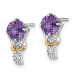 Shey Couture Sterling Silver Rhodium-plated with 14k Accent Checker-cut Cushion Amethyst and .02ct. Diamond Post Earrings