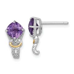 Shey Couture Sterling Silver Rhodium-plated with 14k Accent Checker-cut Cushion Amethyst and .02ct. Diamond Post Earrings
