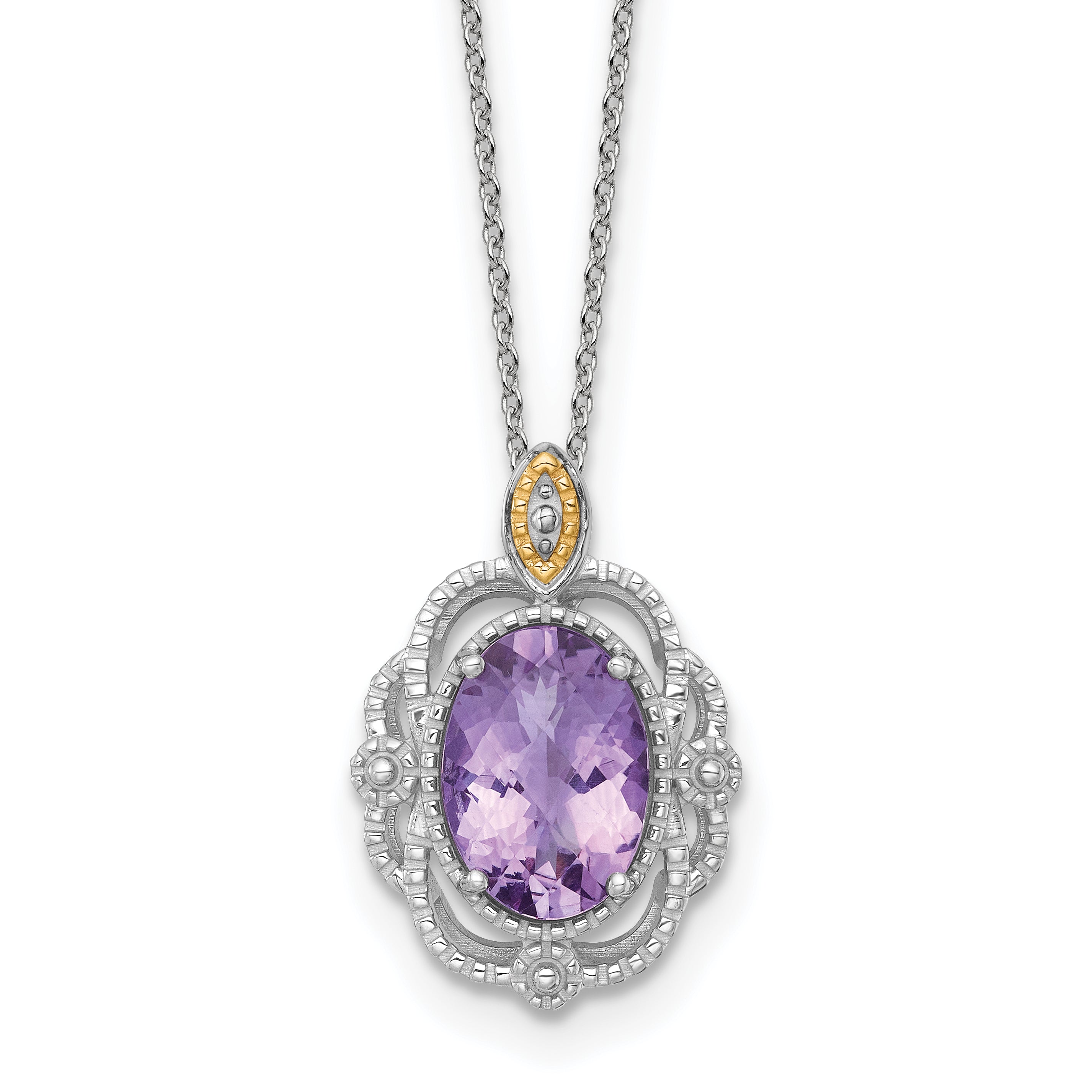 Shey Couture Sterling Silver Rhodium-plated with 14k Accent Oval Amethyst 18 inch with 2 inch Extension Vintage Necklace