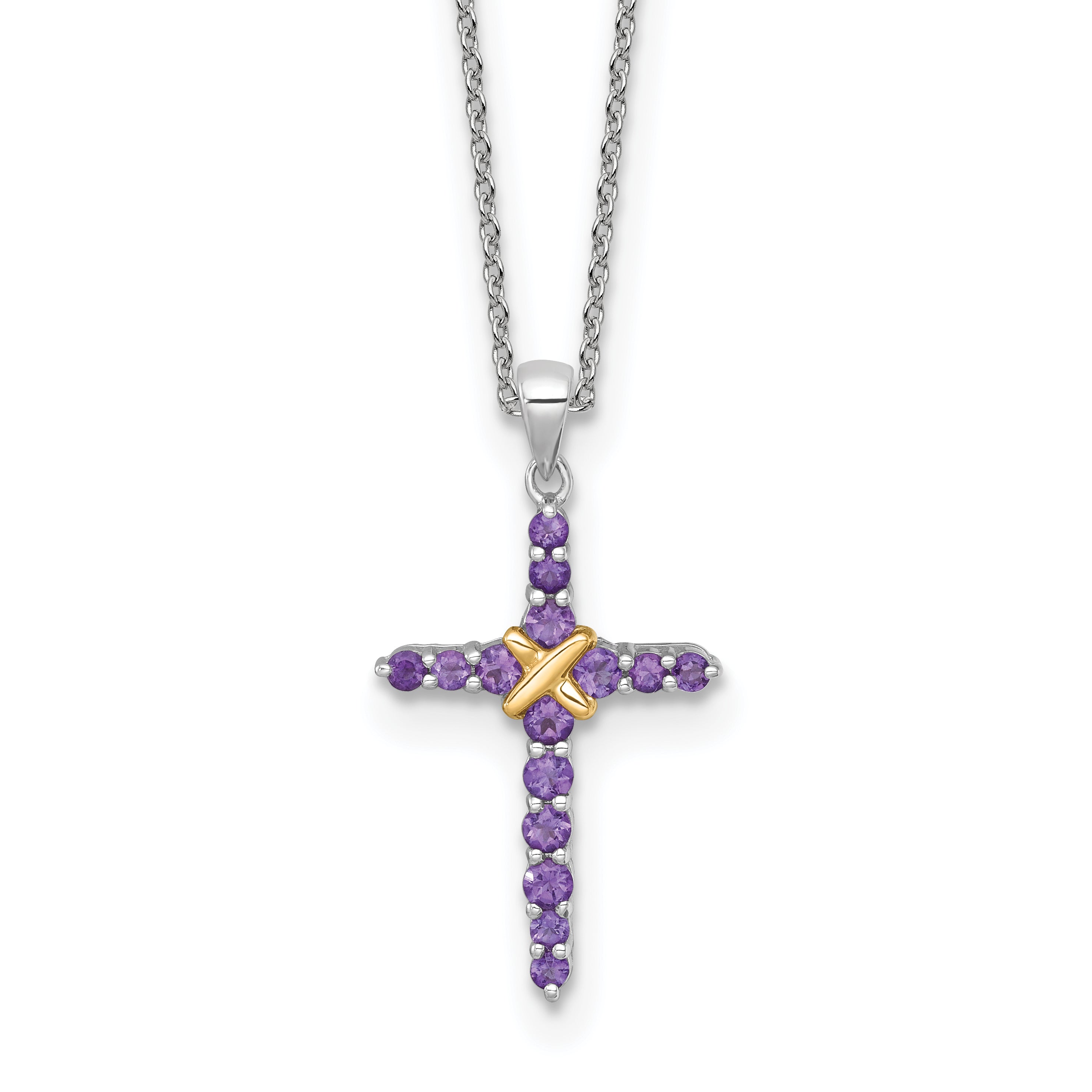 Shey Couture Sterling Silver Rhodium-plated with 14k -X- Accent Round Amethyst Cross 18 inch with 2 inch Extension Necklace