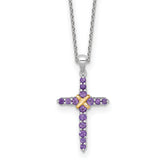 Shey Couture Sterling Silver Rhodium-plated with 14k -X- Accent Round Amethyst Cross 18 inch with 2 inch Extension Necklace