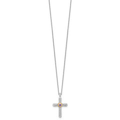 Shey Couture Sterling Silver Rhodium-plated with 14k Accent Round Amethyst Textured Cross 18 inch with 2 inch Extension Necklace