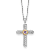 Shey Couture Sterling Silver Rhodium-plated with 14k Accent Round Amethyst Textured Cross 18 inch with 2 inch Extension Necklace