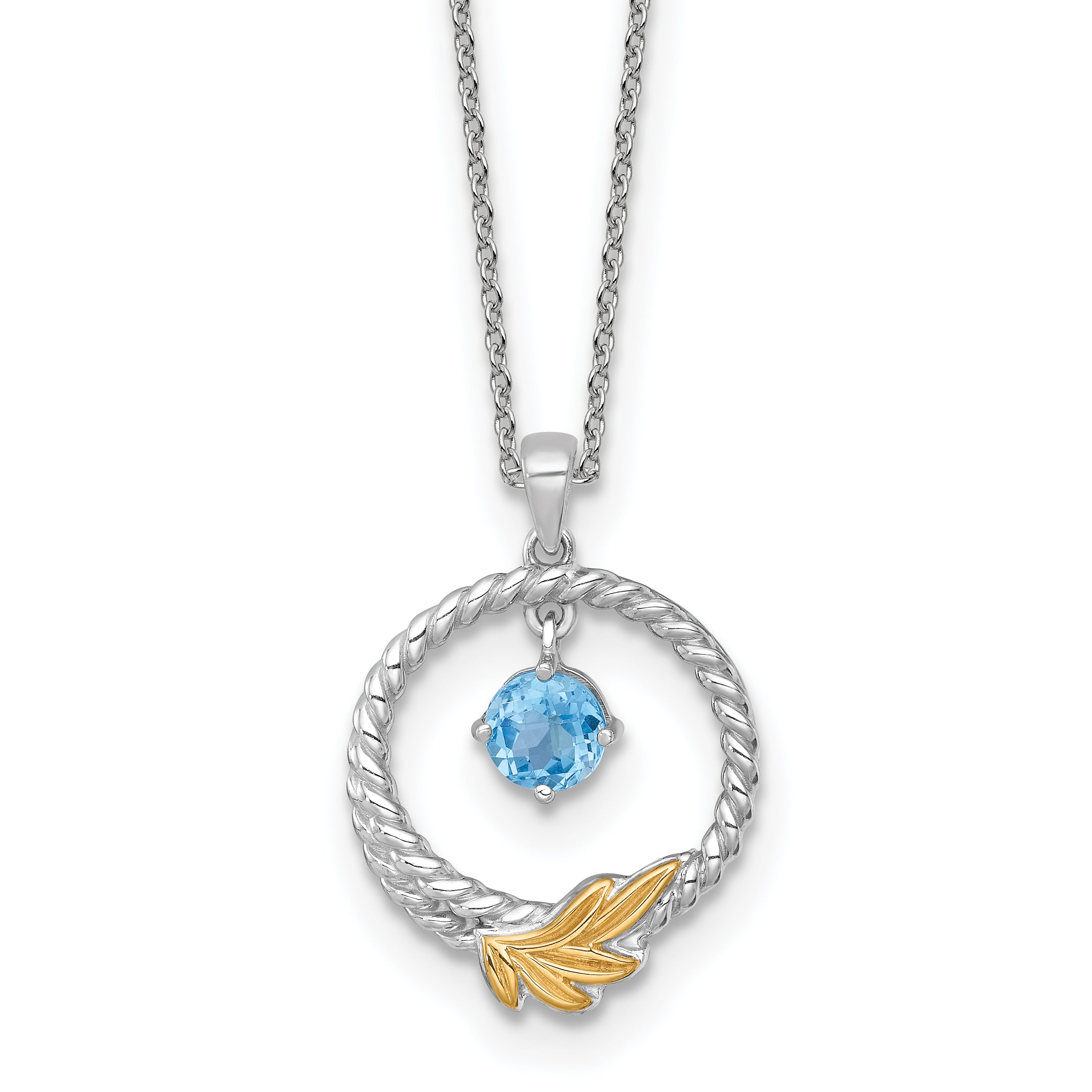 Shey Couture Sterling Silver Rhodium-plated Twisted Circle with 14k Leaf Accent Round Light Swiss Blue Topaz 18 inch with 2 inch Extension Necklace