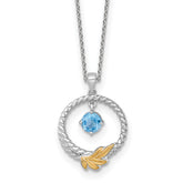 Shey Couture Sterling Silver Rhodium-plated Twisted Circle with 14k Leaf Accent Round Light Swiss Blue Topaz 18 inch with 2 inch Extension Necklace
