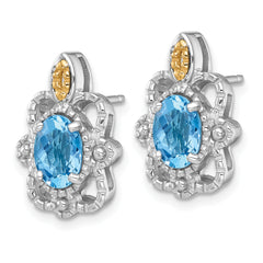 Shey Couture Sterling Silver Rhodium-plated with 14k Accent Oval Light Swiss Blue Topaz Vintage Post Earrings
