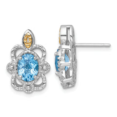 Shey Couture Sterling Silver Rhodium-plated with 14k Accent Oval Light Swiss Blue Topaz Vintage Post Earrings