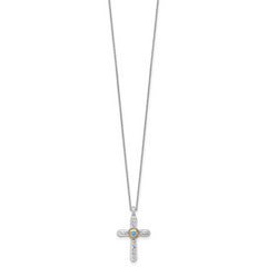 Shey Couture Sterling Silver Rhodium-plated with 14k Accent Round London Blue Topaz Textured Cross 18 inch with 2 inch Extension Necklace
