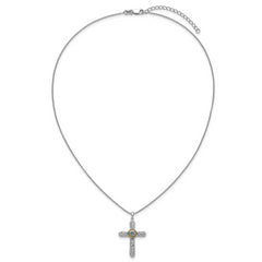 Shey Couture Sterling Silver Rhodium-plated with 14k Accent Round London Blue Topaz Textured Cross 18 inch with 2 inch Extension Necklace