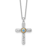 Shey Couture Sterling Silver Rhodium-plated with 14k Accent Round London Blue Topaz Textured Cross 18 inch with 2 inch Extension Necklace