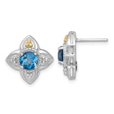 Shey Couture Sterling Silver Rhodium-plated with 14k Accent Round London Blue Topaz Flower Post Earrings