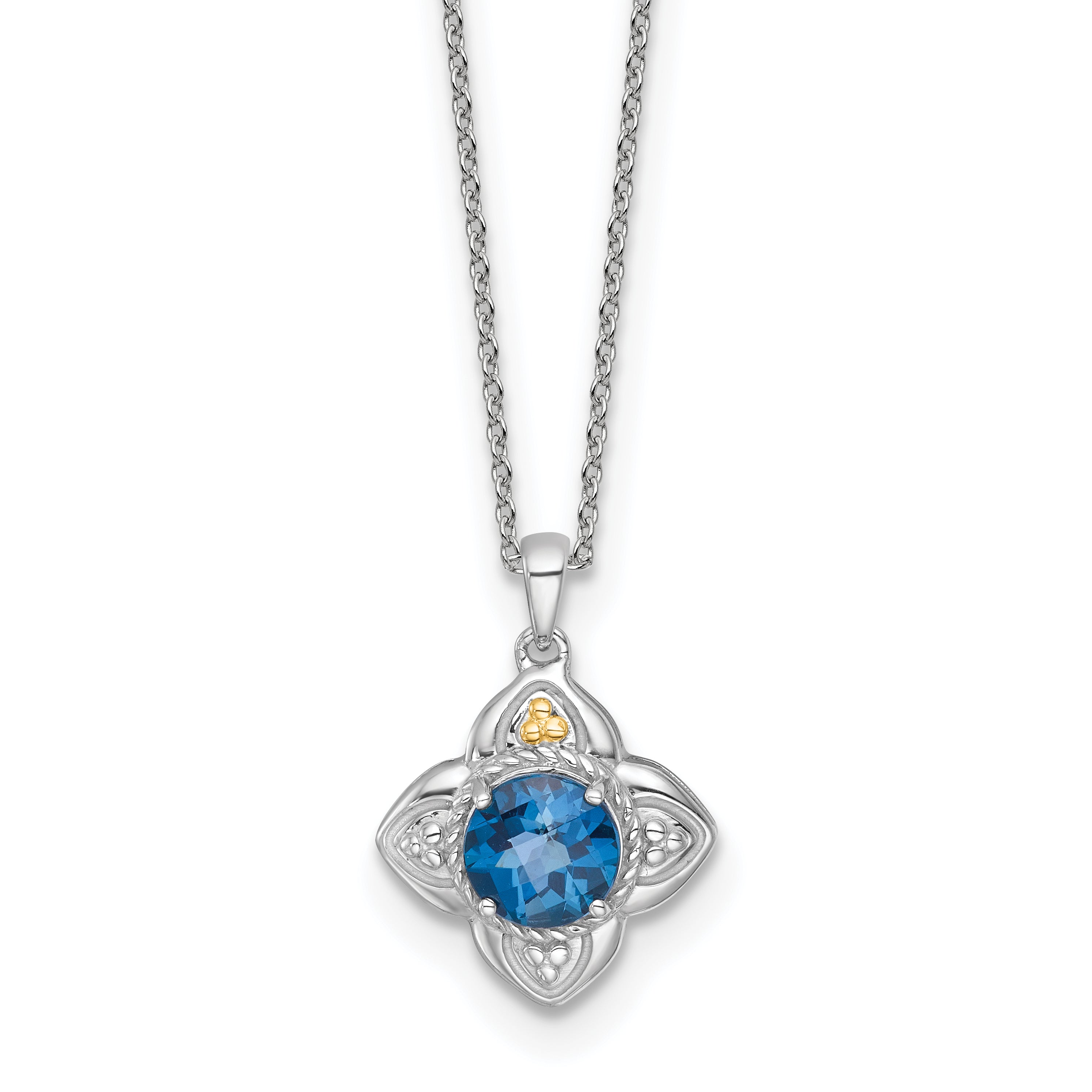 Shey Couture Sterling Silver Rhodium-plated with 14k Accent Round London Blue Topaz Flower 18 inch with 2 inch Extension Necklace