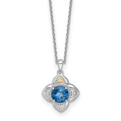 Shey Couture Sterling Silver Rhodium-plated with 14k Accent Round London Blue Topaz Flower 18 inch with 2 inch Extension Necklace