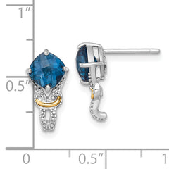 Shey Couture Sterling Silver Rhodium-plated with 14k Accent Checker-cut Cushion London Blue Topaz and .02ct. Diamond Post Earrings