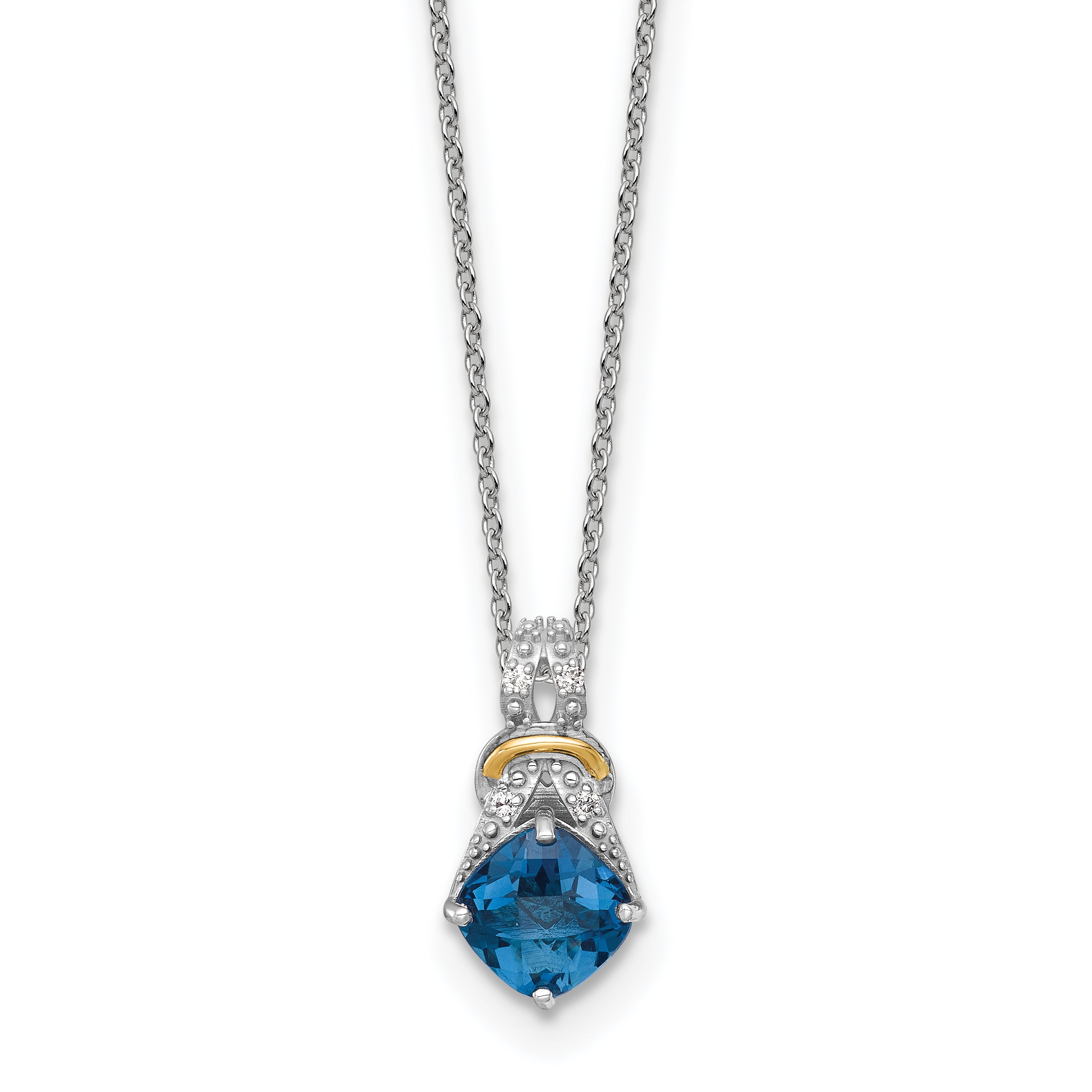 Shey Couture Sterling Silver Rhodium-plated with 14k Accent Checker Cushion London Blue Topaz .04ct. Diamond 18 inch w/2 inch Extension Necklace