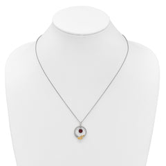 Shey Couture Sterling Silver Rhodium-plated Twisted Circle with 14k Leaf Accent Round Garnet Dangle 18 inch with 2 inch Extension Necklace