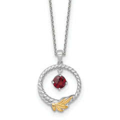Shey Couture Sterling Silver Rhodium-plated Twisted Circle with 14k Leaf Accent Round Garnet Dangle 18 inch with 2 inch Extension Necklace