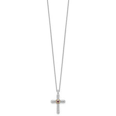 Shey Couture Sterling Silver Rhodium-plated with 14k Accent Round Garnet Textured Cross 18 inch with 2 inch Extension Necklace