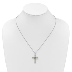 Shey Couture Sterling Silver Rhodium-plated with 14k Accent Round Garnet Textured Cross 18 inch with 2 inch Extension Necklace