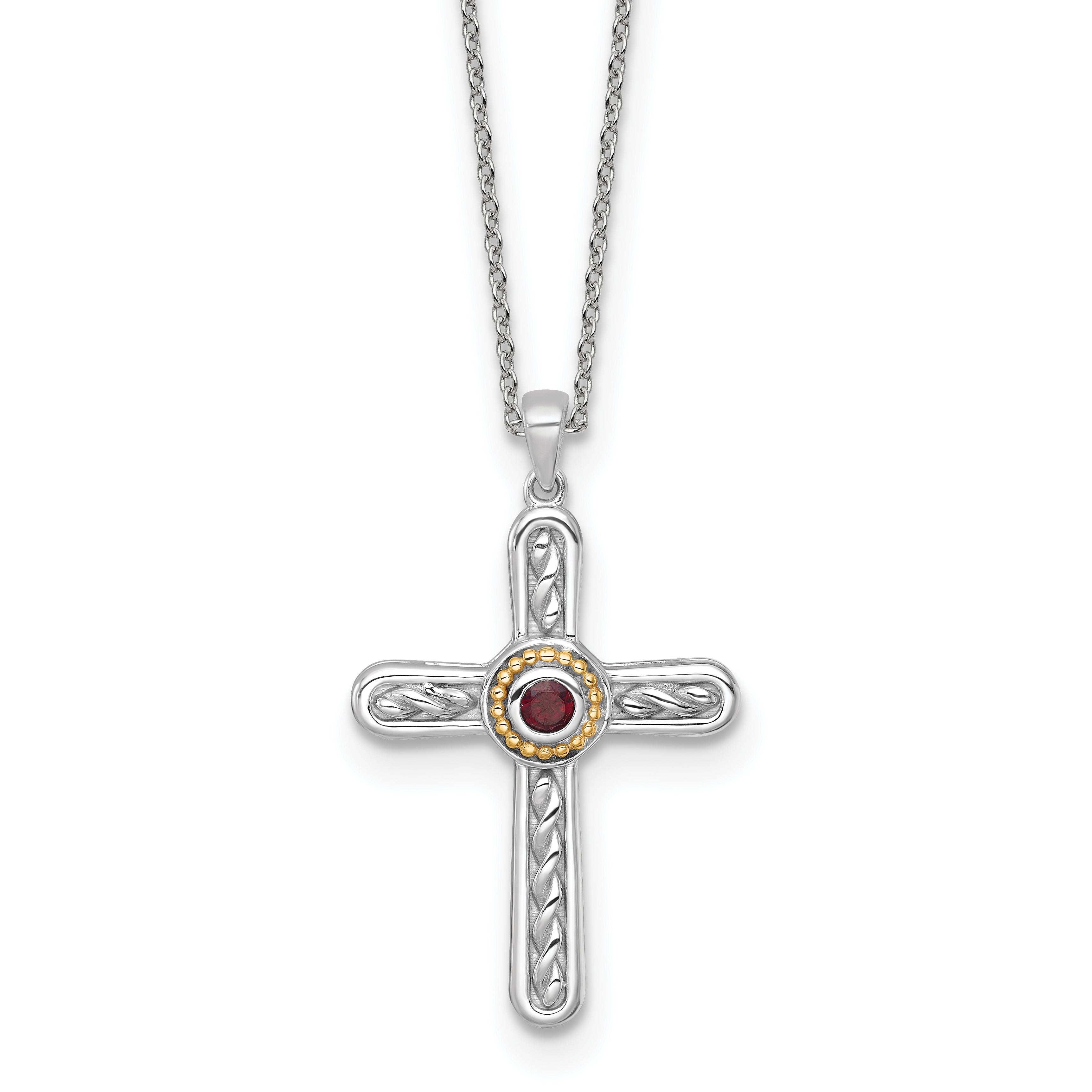 Shey Couture Sterling Silver Rhodium-plated with 14k Accent Round Garnet Textured Cross 18 inch with 2 inch Extension Necklace