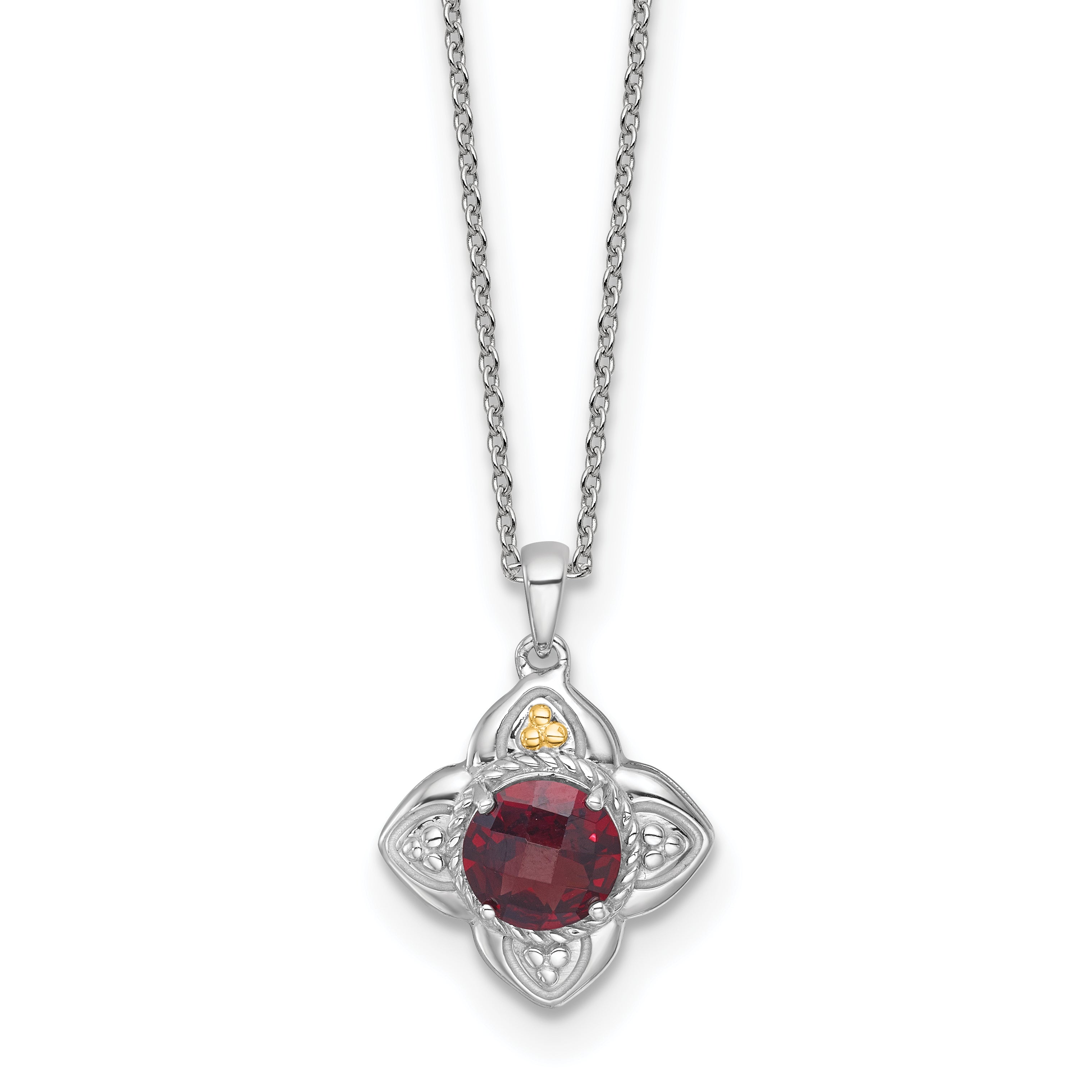 Shey Couture Sterling Silver Rhodium-plated with 14k Accent Round Garnet Flower 18 inch with 2 inch Extension Necklace