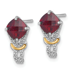 Shey Couture Sterling Silver Rhodium-plated with 14k Accent Checker-cut Cushion Garnet and .02ct. Diamond Post Earrings