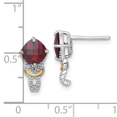 Shey Couture Sterling Silver Rhodium-plated with 14k Accent Checker-cut Cushion Garnet and .02ct. Diamond Post Earrings