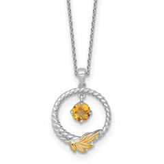 Shey Couture Sterling Silver Rhodium-plated Twisted Circle with 14k Leaf Accent Round Citrine Dangle 18 inch with 2 inch Extension Necklace