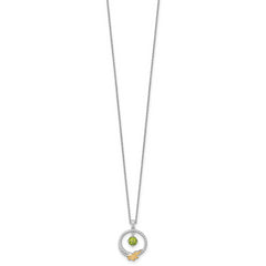 Shey Couture Sterling Silver Rhodium-plated Twisted Circle with 14k Leaf Accent Round Peridot Dangle 18 inch with 2 inch Extension Necklace