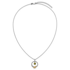 Shey Couture Sterling Silver Rhodium-plated Twisted Circle with 14k Leaf Accent Round Peridot Dangle 18 inch with 2 inch Extension Necklace