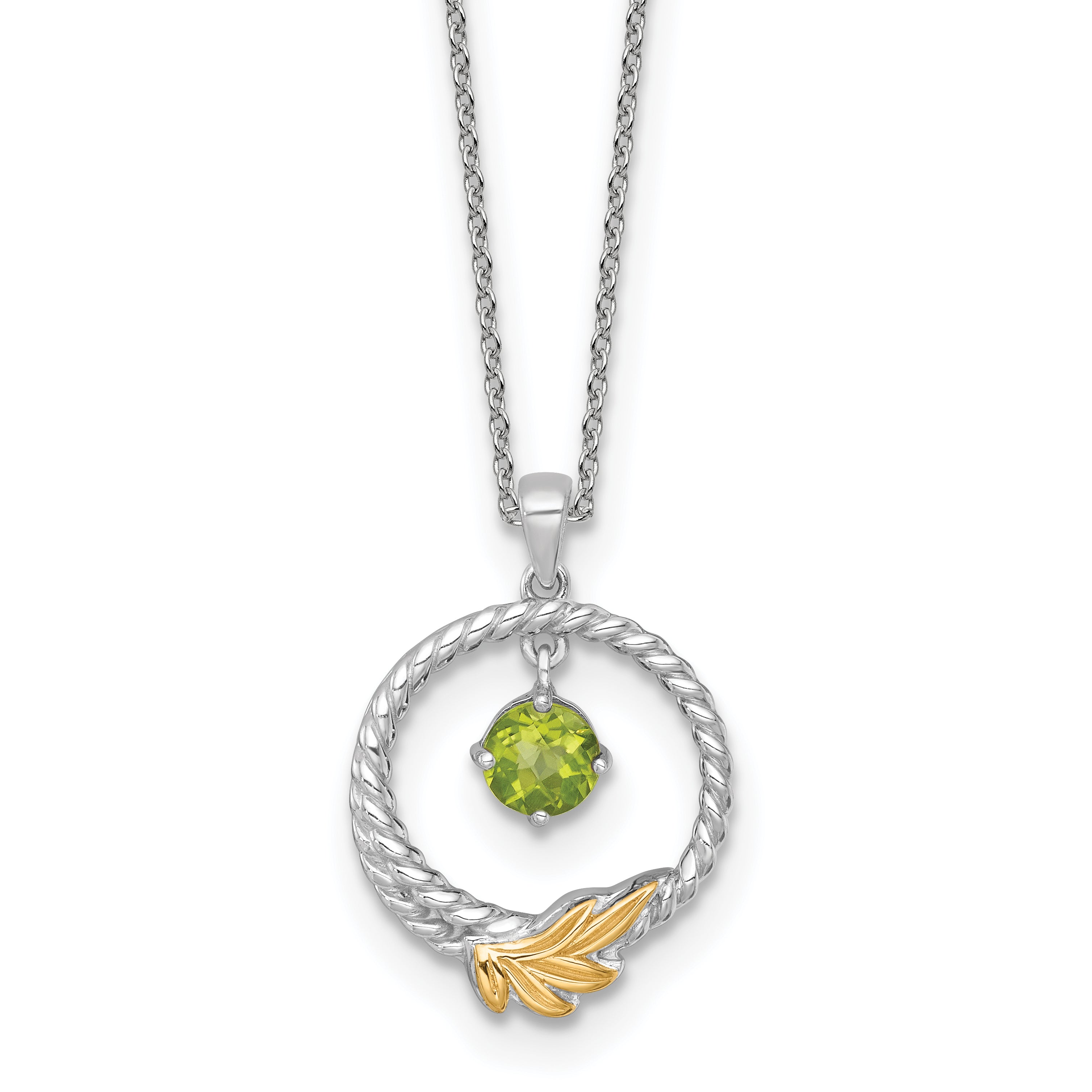 Shey Couture Sterling Silver Rhodium-plated Twisted Circle with 14k Leaf Accent Round Peridot Dangle 18 inch with 2 inch Extension Necklace