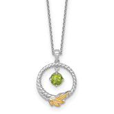 Shey Couture Sterling Silver Rhodium-plated Twisted Circle with 14k Leaf Accent Round Peridot Dangle 18 inch with 2 inch Extension Necklace