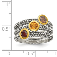 Shey Couture Sterling Silver Gold-tone Flash Gold-plated Antiqued Round Bezel .30Garnet/.20Citrine/.20Smoky Quartz 3 Stackable Rings