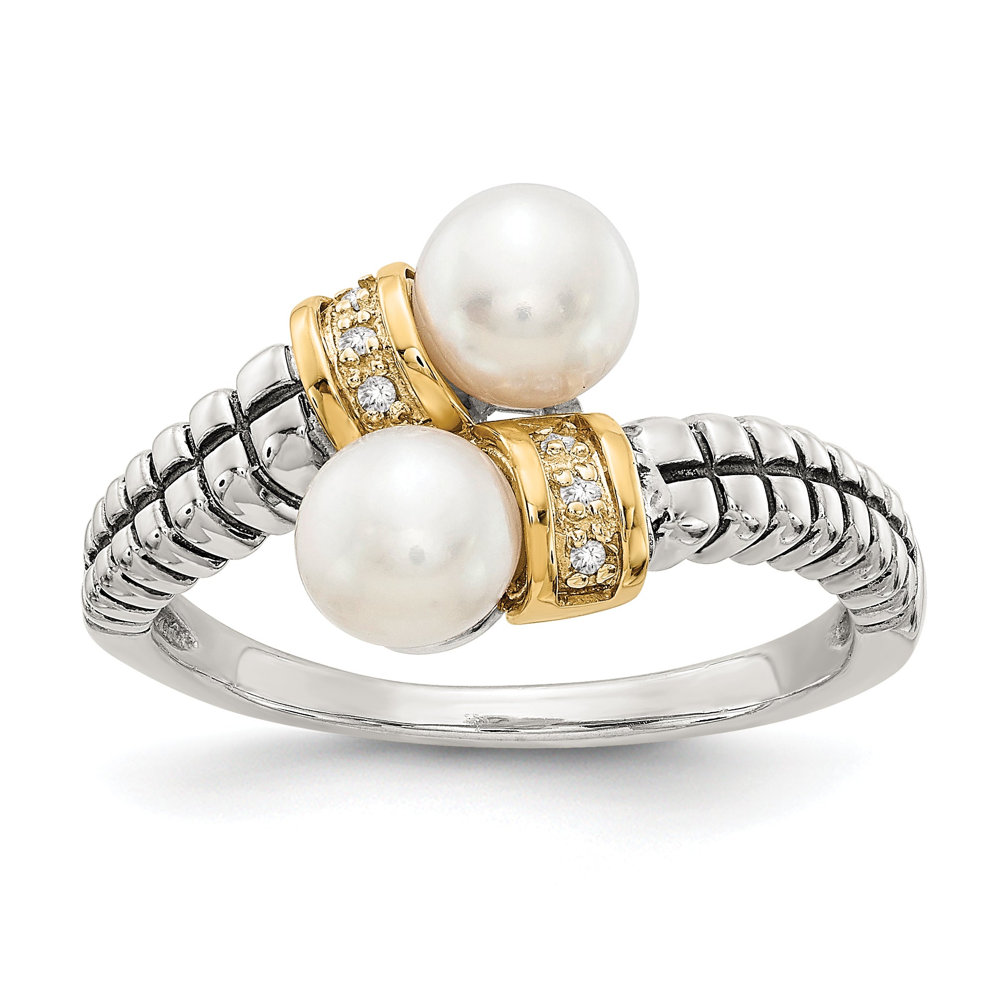 Shey Couture Sterling Silver with 14K Accent Antiqued 5.5-6mm Freshwater Cultured Pearl and Diamond By-Pass Ring
