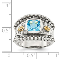 Shey Couture Sterling Silver with 14K Accent Antiqued Checkerboard Bezel Blue Topaz Ring