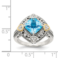 Shey Couture Sterling Silver with 14K Accent Antiqued Diamond and Cushion Blue Topaz Ring