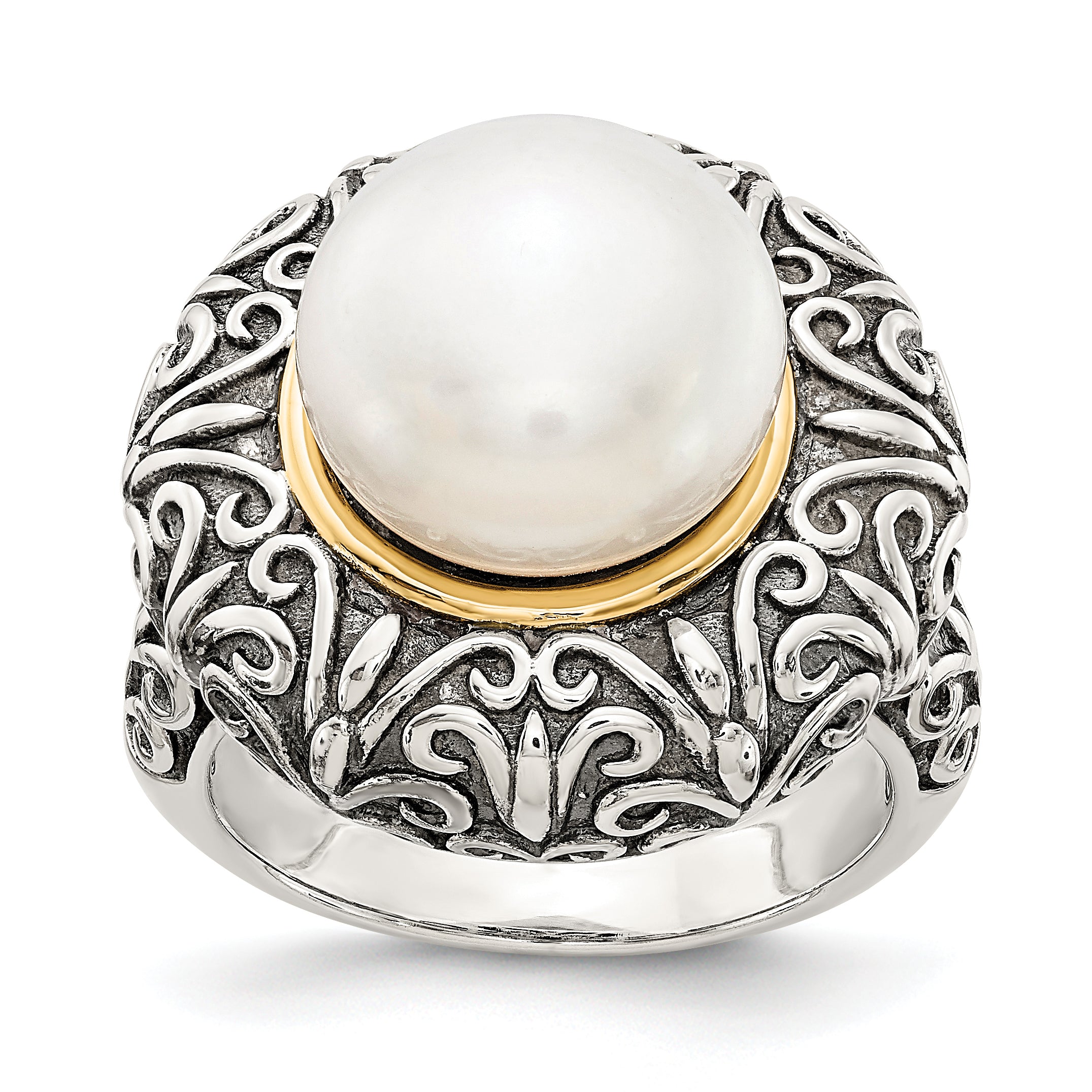 Sterling Silver w/14k 12mm FW Cultured Pearl Ring