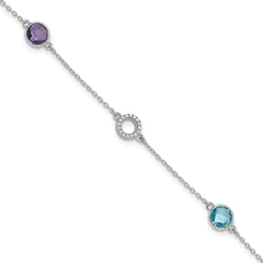 White Ice Sterling Silver/Rhodium-Rhodium-Plated Diamond, Blue Topaz, Amethyst 6.25 inch Bracelet plus 1 inch Extender