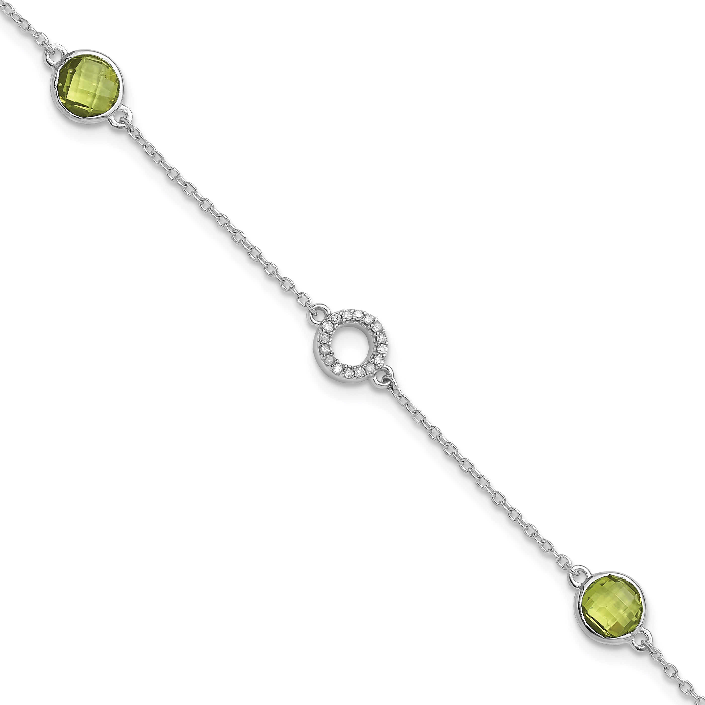 White Ice Sterling Silver Rhodium-Rhodium-Plated Diamond and Peridot 6.25 inch Bracelet plus 1 inch Extender