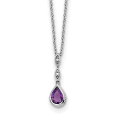 White Ice Sterling Silver Rhodium-Rhodium-Plated Diamond and Teardrop Amethyst 18 inch Neckalce with 2 inch Extender