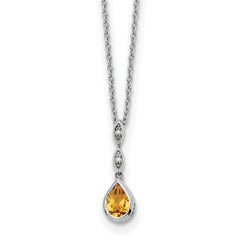 White Ice Sterling Silver Rhodium-Rhodium-Plated 18 inch Diamond and Citrine Teardrop Necklace with 2 inch Extender