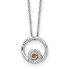 Sterling Silver Rhodium-Plated Plated White Ice .05ct. Diamond & Citrine With 2 Inch Extention Neck