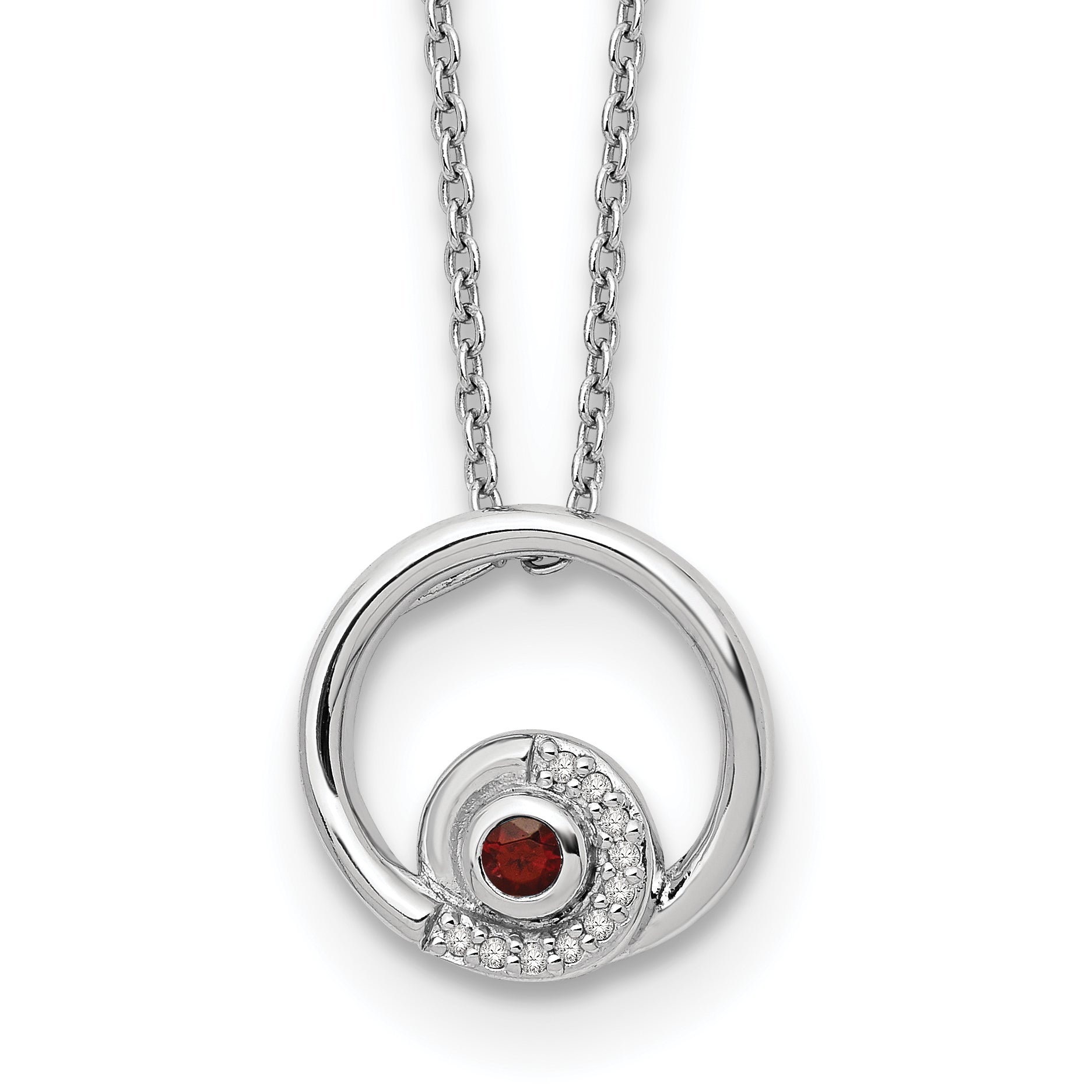 Sterling Silver Rhodium-Plated Plated White Ice .05ct. Diamond & Garnet With 2 Inch Extention Neckl