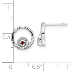 Sterling Silver RH Plated White Ice .03ct. Dia. and Garnet Post Earrings