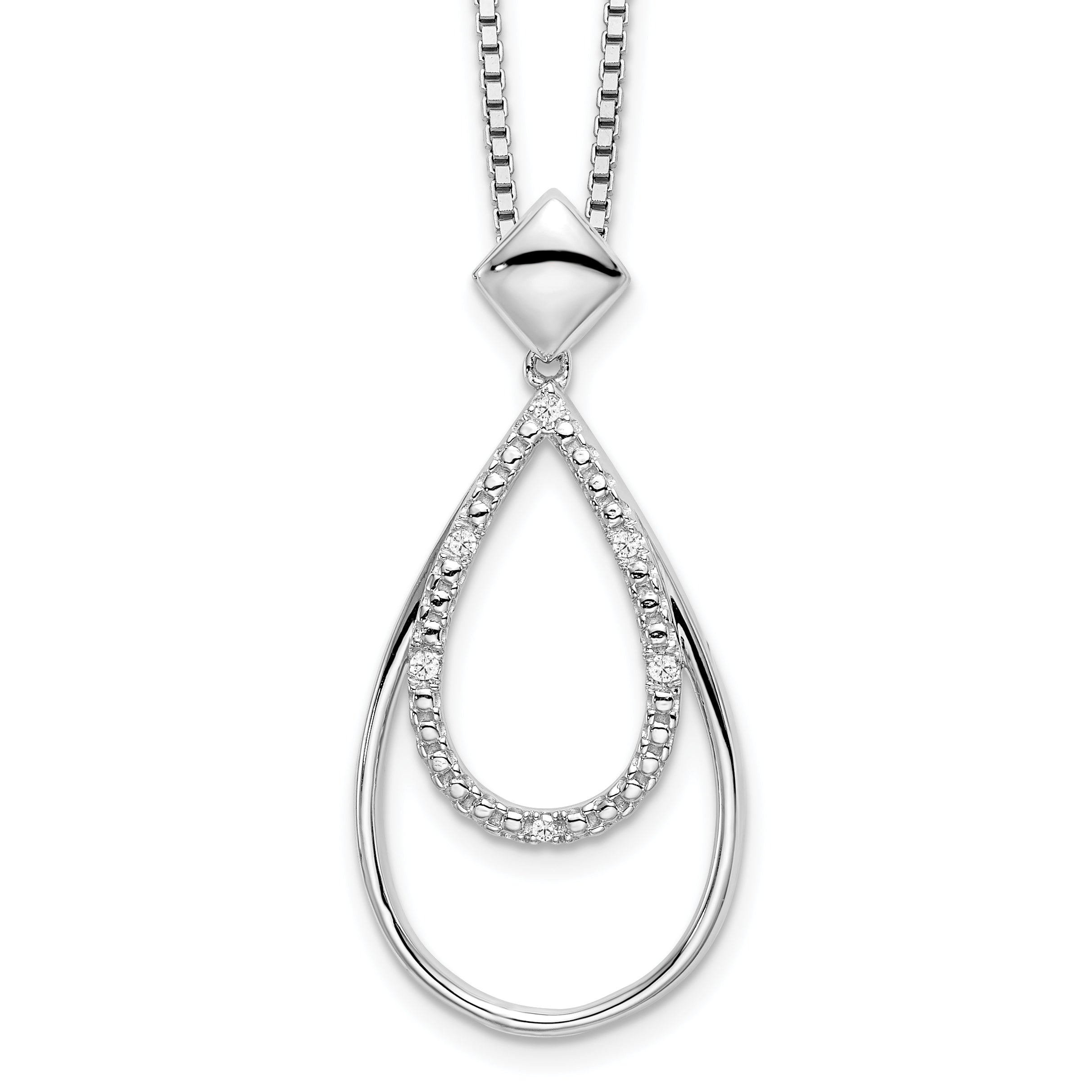 White Ice Sterling Silver Rhodium-Rhodium-Plated 18 Inch Diamond Fancy Teardrop Necklace with 2 Inch Extender