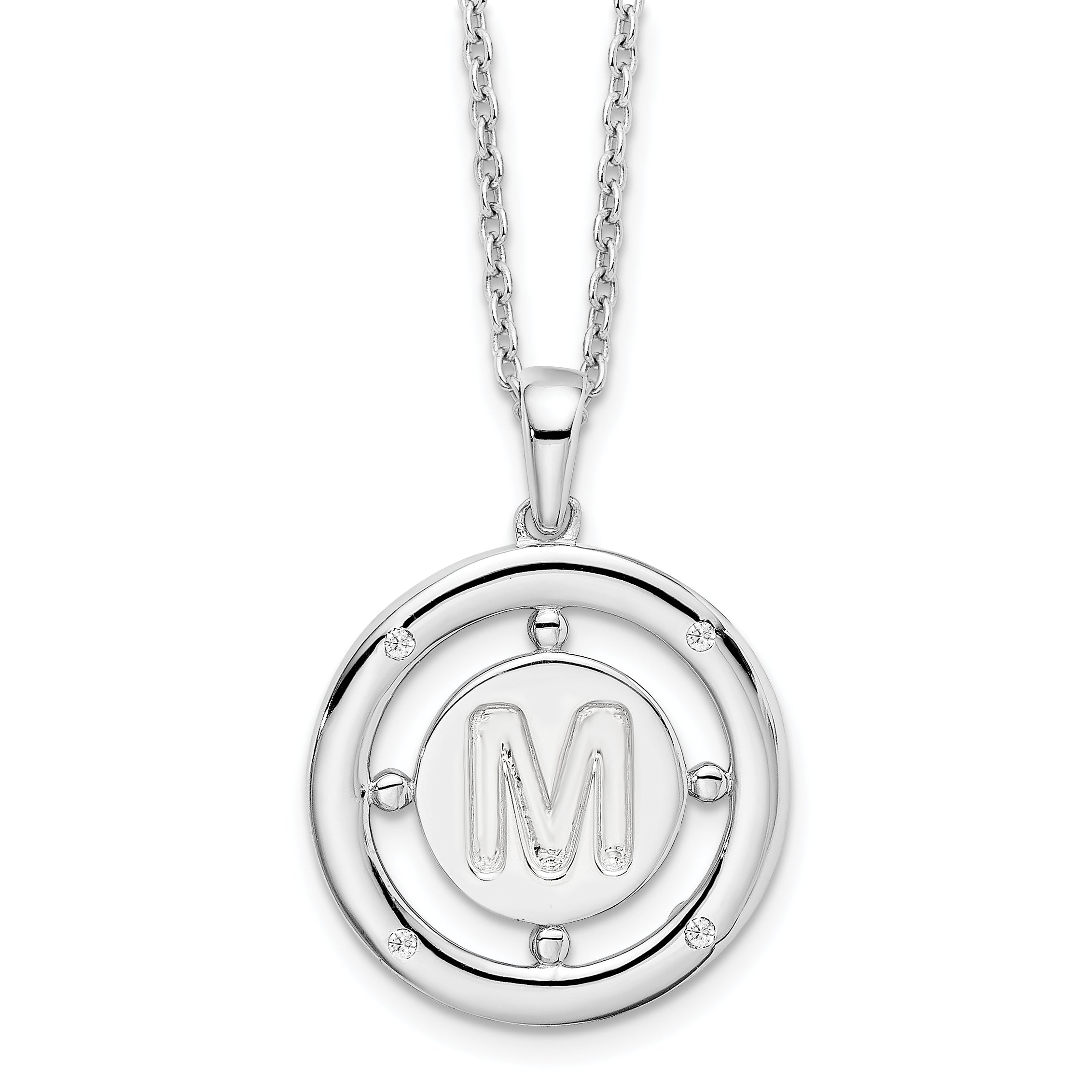 White Ice Sterling Silver Rhodium-Rhodium-Plated 18 Inch Diamond Letter M Initial Necklace with 2 Inch Extender
