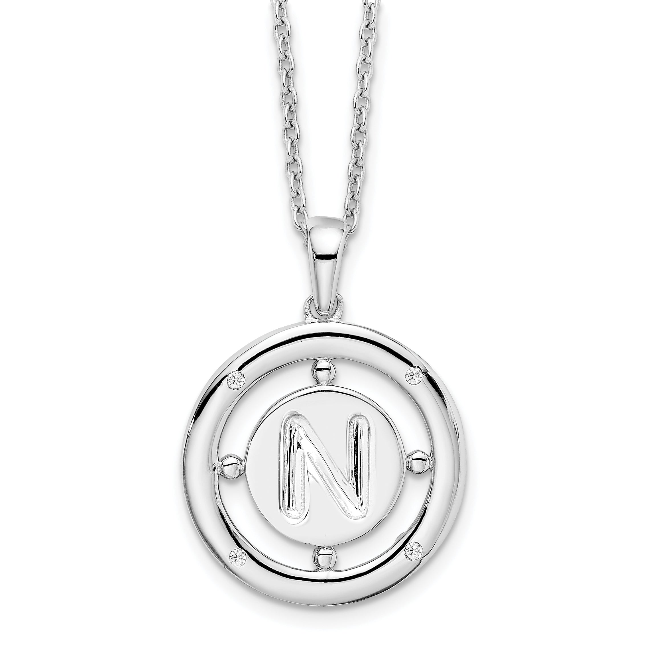 White Ice Sterling Silver Rhodium-Rhodium-Plated 18 Inch Diamond Letter N Initial Necklace with 2 Inch Extender