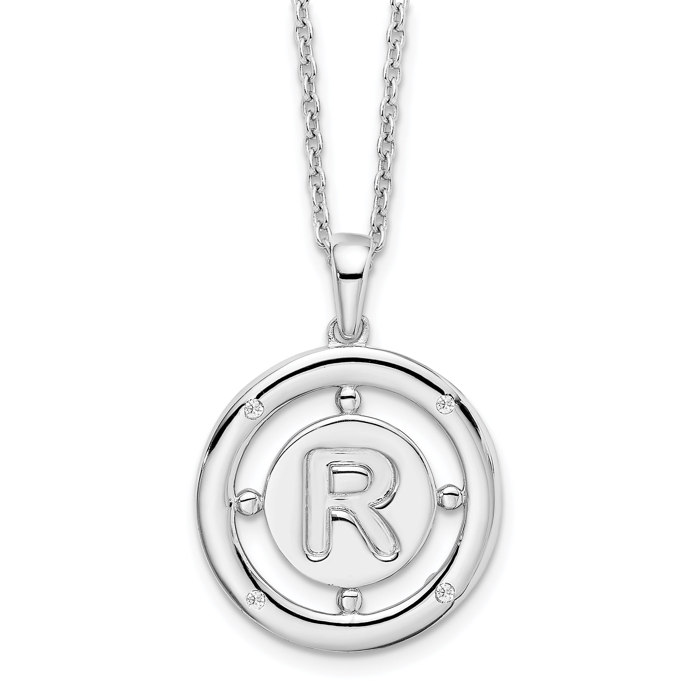 White Ice Sterling Silver Rhodium-Rhodium-Plated 18 Inch Diamond Letter R Initial Necklace with 2 Inch Extender