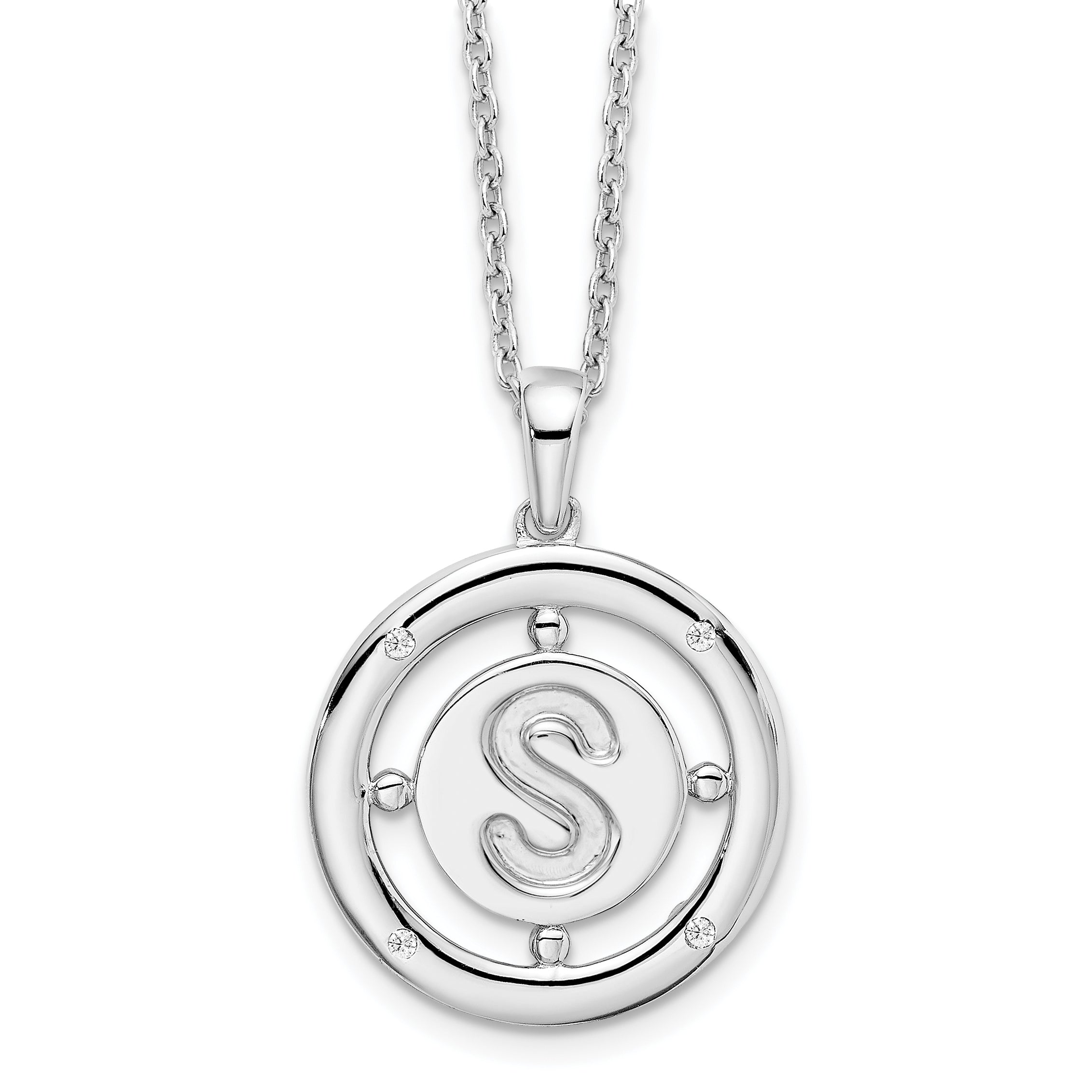 White Ice Sterling Silver Rhodium-Rhodium-Plated 18 Inch Diamond Letter S Initial Necklace with 2 Inch Extender