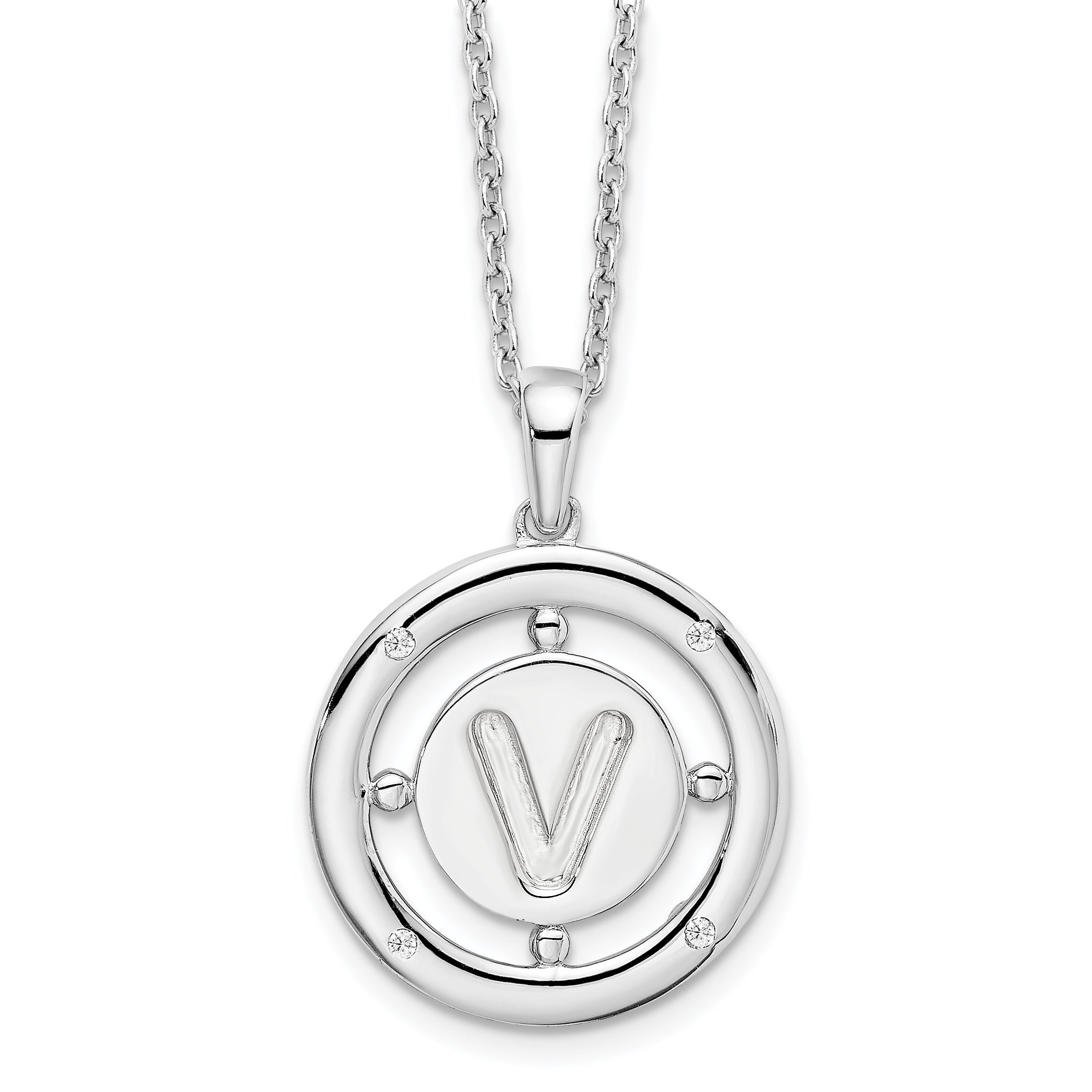 White Ice Sterling Silver Rhodium-Rhodium-Plated 18 Inch Diamond Letter V Initial Necklace with 2 Inch Extender